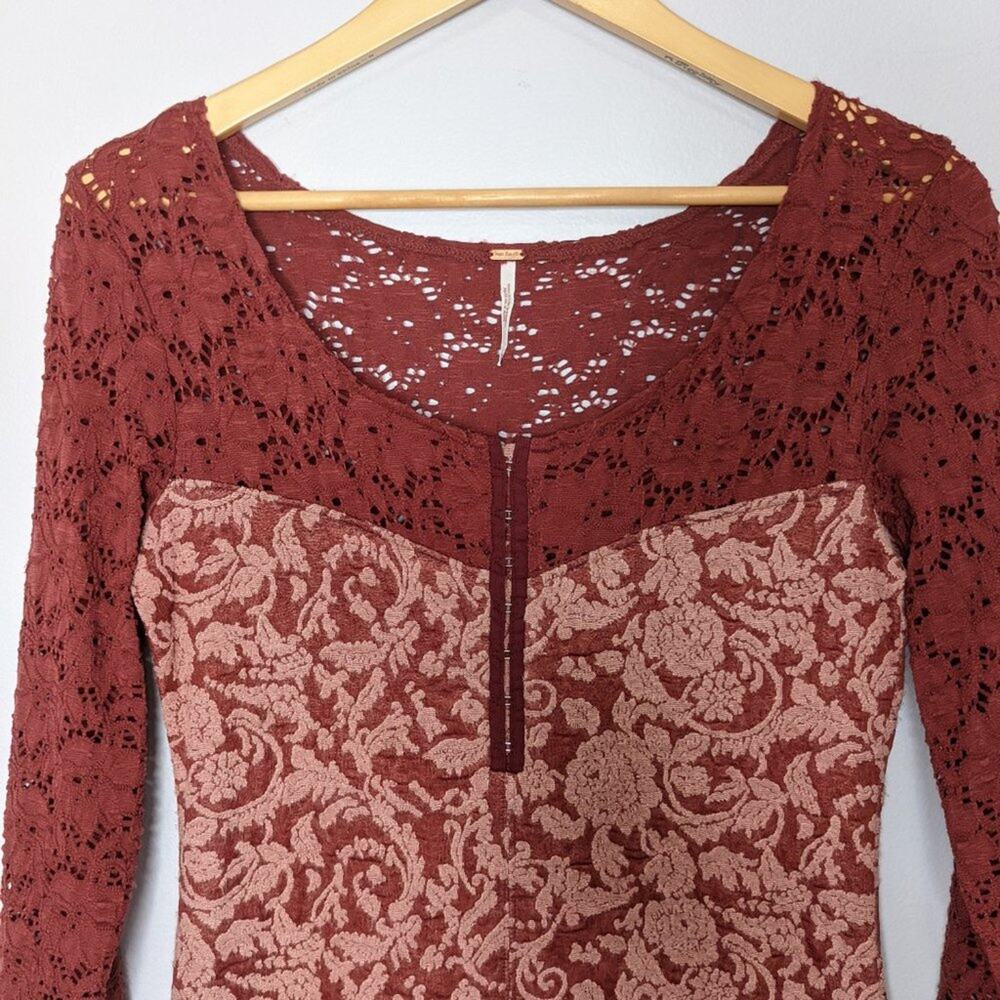 Free People Red Lace Long Sleeve Floral Mini Dress - Picture 3 of 9